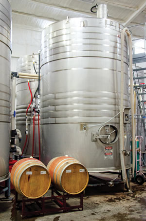 Oak barrels and stainless steel tanks