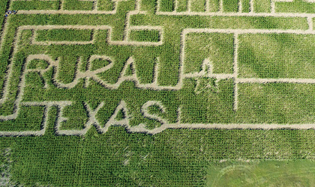 Aerial view of Rocky Creek maze that reads "Rural Texas."