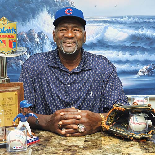 photo of retired baseball player Lee Smith with memorabilia