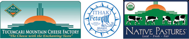 Logos for: Tucumari Mountain Cheese Factory, Ithaki Feta, and Native Pastures