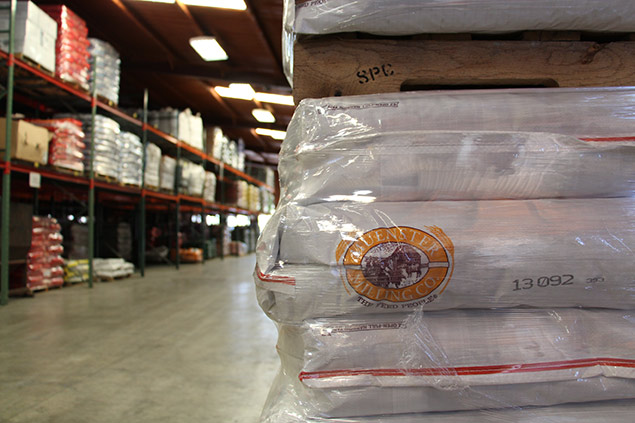 Bags of feed in the warehouse