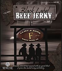 Beef jerky packaging; three cowboys on a fence