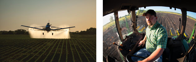 Left: Cropduster dusting crops Right: Shipman in the cockpit