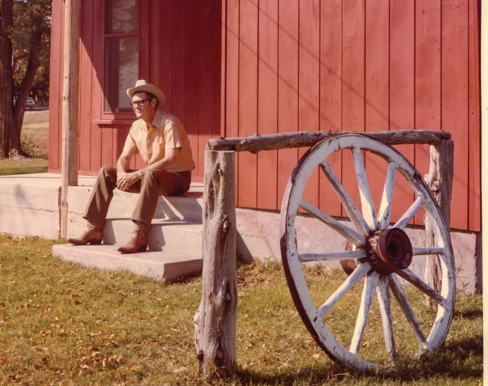 Dale Nix in front of the 100-year-old Nix Ranch bunkhouse, ca. 1985,