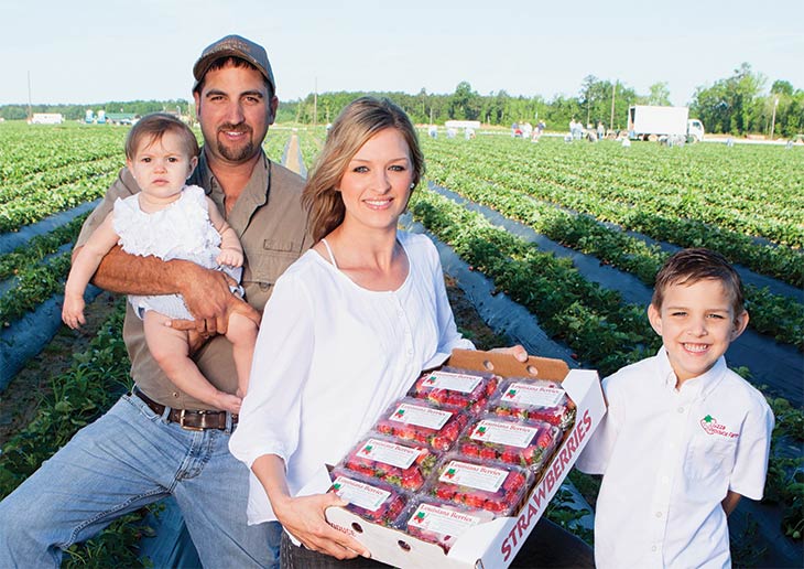 Family in a strawberry field