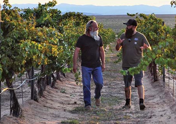 photo of Noisy Water Winery owner Jasper Riddle walking through his vineyard near Engle in southern New Mexico with his uncle Richard Piedmont, vineyard manager