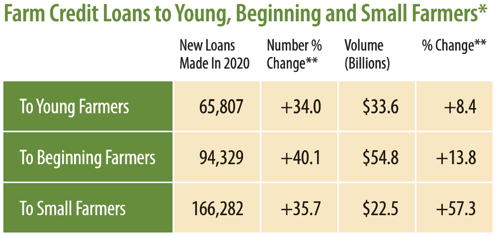table of stats: Farm Credit loans to Young, Beginning and Small farmers